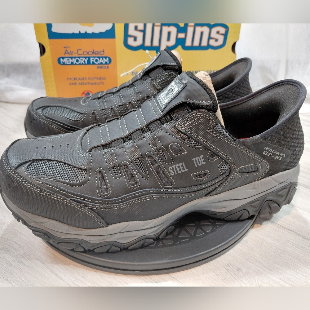 NEW Skechers Men’s Slip-Ins Steel Toe Work Shoes in Charcoal Black SIZE 10